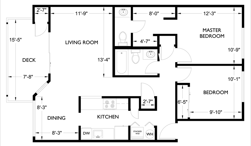 Floor plan for 2 beds, 1.5 baths, 972 sqft